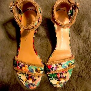 Stuart Weitzman Neiman Marcus fringe floral strappy high heels.